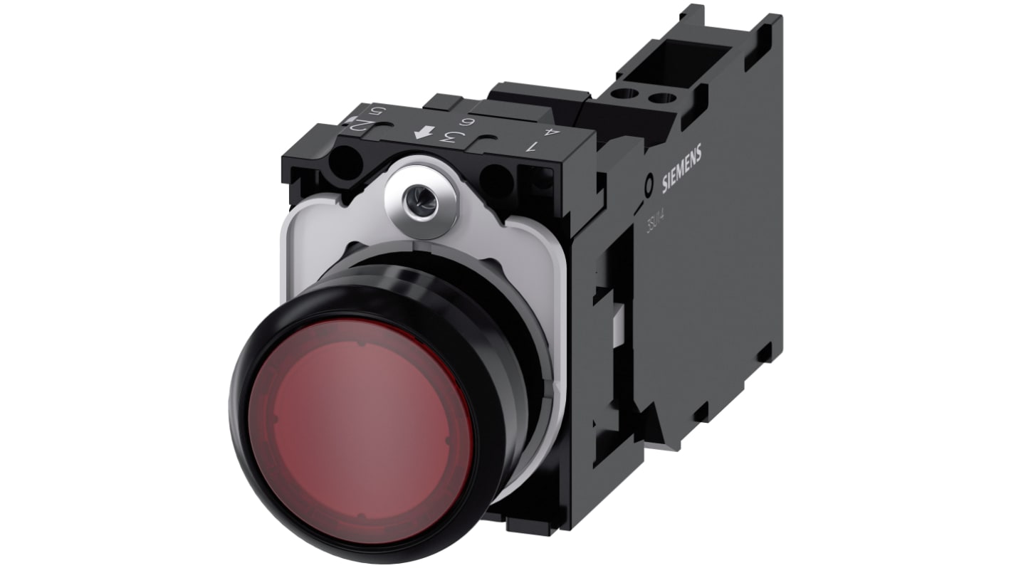 Pulsante luminoso rotondo Siemens 3SU1102-0AB20-3FA0, SPST, rosso, IP66/IP67/IP69, montaggio snap-on, diametro 22mm.
