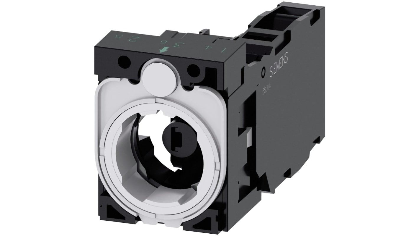 Siemens blocco contatti 1NO + 1NC, tensione 6-24 V, con supporto e LED verde, installazione snap-on, per uso industriale.