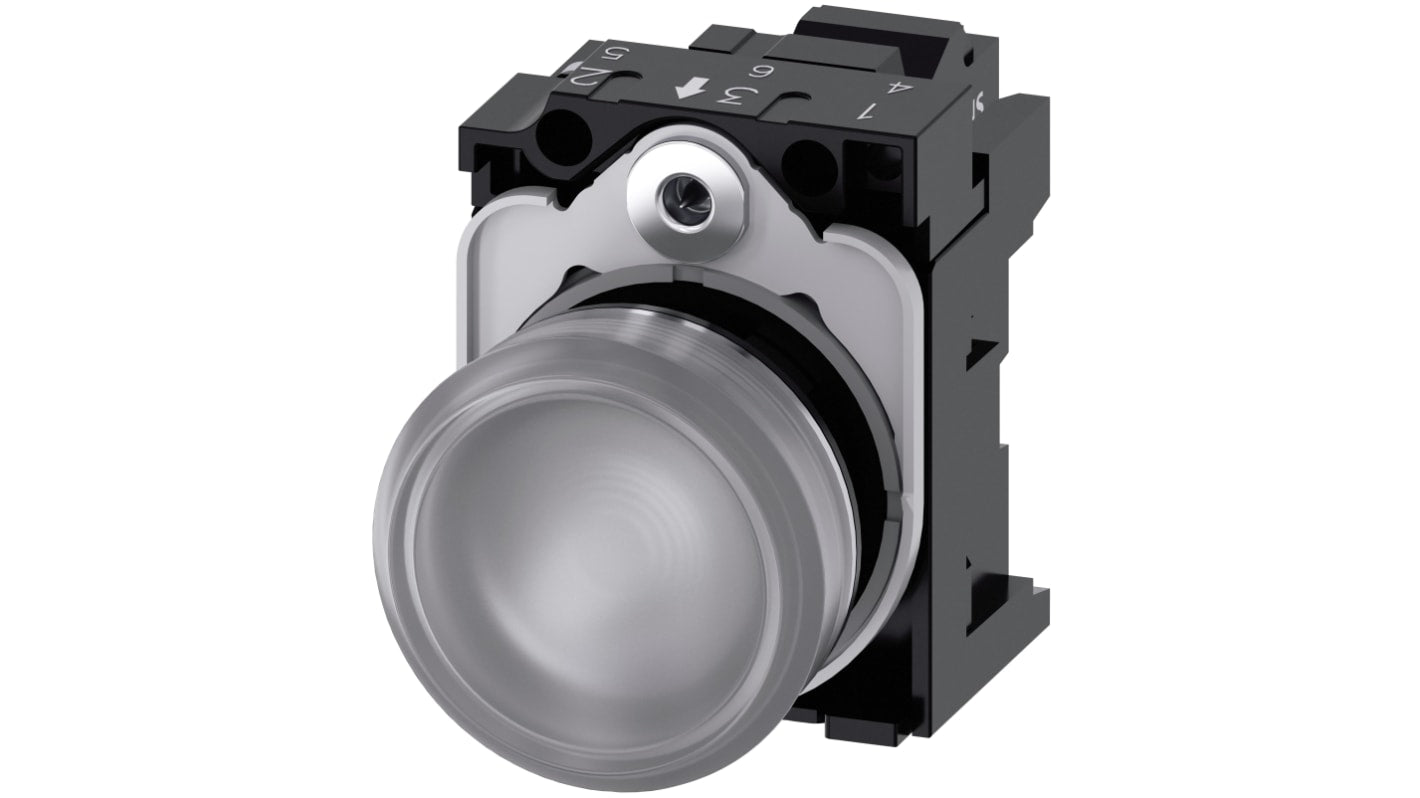 Indicatore LED Siemens 3SU1156-6AA70-3AA0, montaggio a pannello, diametro foro 22mm, tensione 230V, forma rotonda.