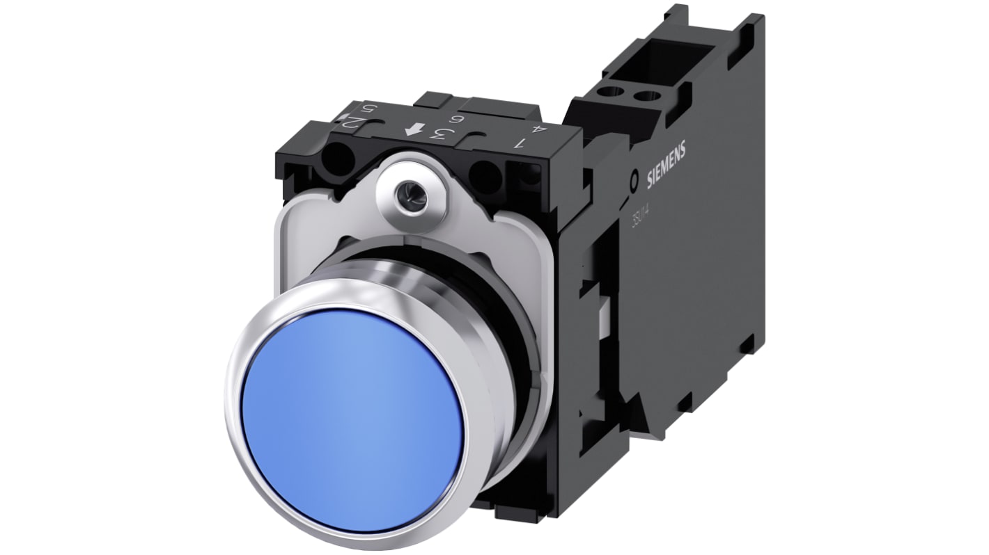 Pulsante Siemens 3SU1150-0AB50-3FA0 SPST, rotondo, blu, diametro 22mm, IP66/IP67/IP69, corpo metallico, per applicazioni industriali.
