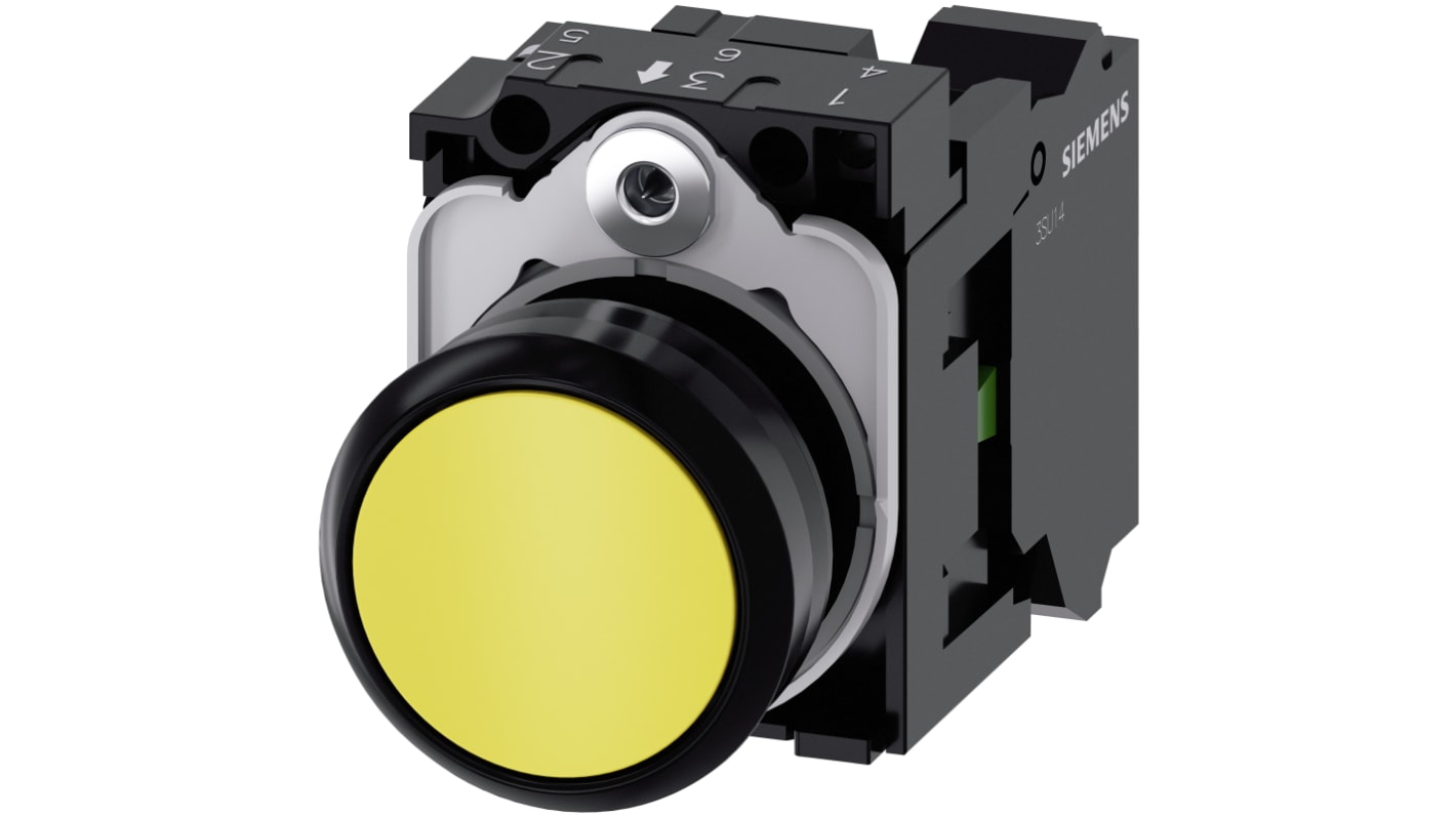 Pulsante rotondo Siemens SIRIUS ACT, SPST, giallo, diametro 22mm, IP66/IP67/IP69K, tensione max 500V, -25 a 70°C.