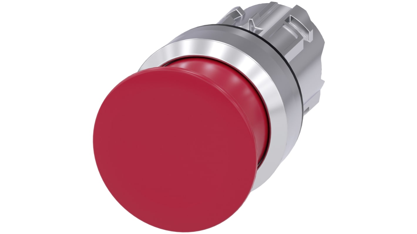 Siemens attuatore pulsante instabile SIRIUS ACT, rosso, diametro 30mm, IP66/IP67/IP69K, montaggio snap-on, adatto per ambienti industriali.