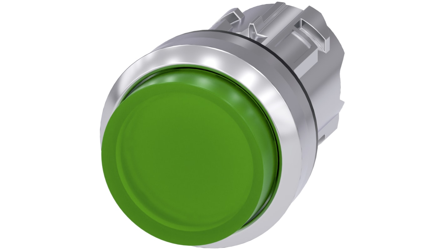 Siemens attuatore pulsante instabile SIRIUS ACT, diametro foro 22 mm, verde, IP66/IP67/IP69K, installazione snap-on.