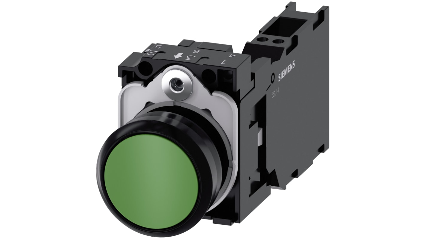 Pulsante rotondo Siemens SIRIUS ACT SPST, verde, diametro 22mm, IP66/IP67/IP69K, per applicazioni industriali.
