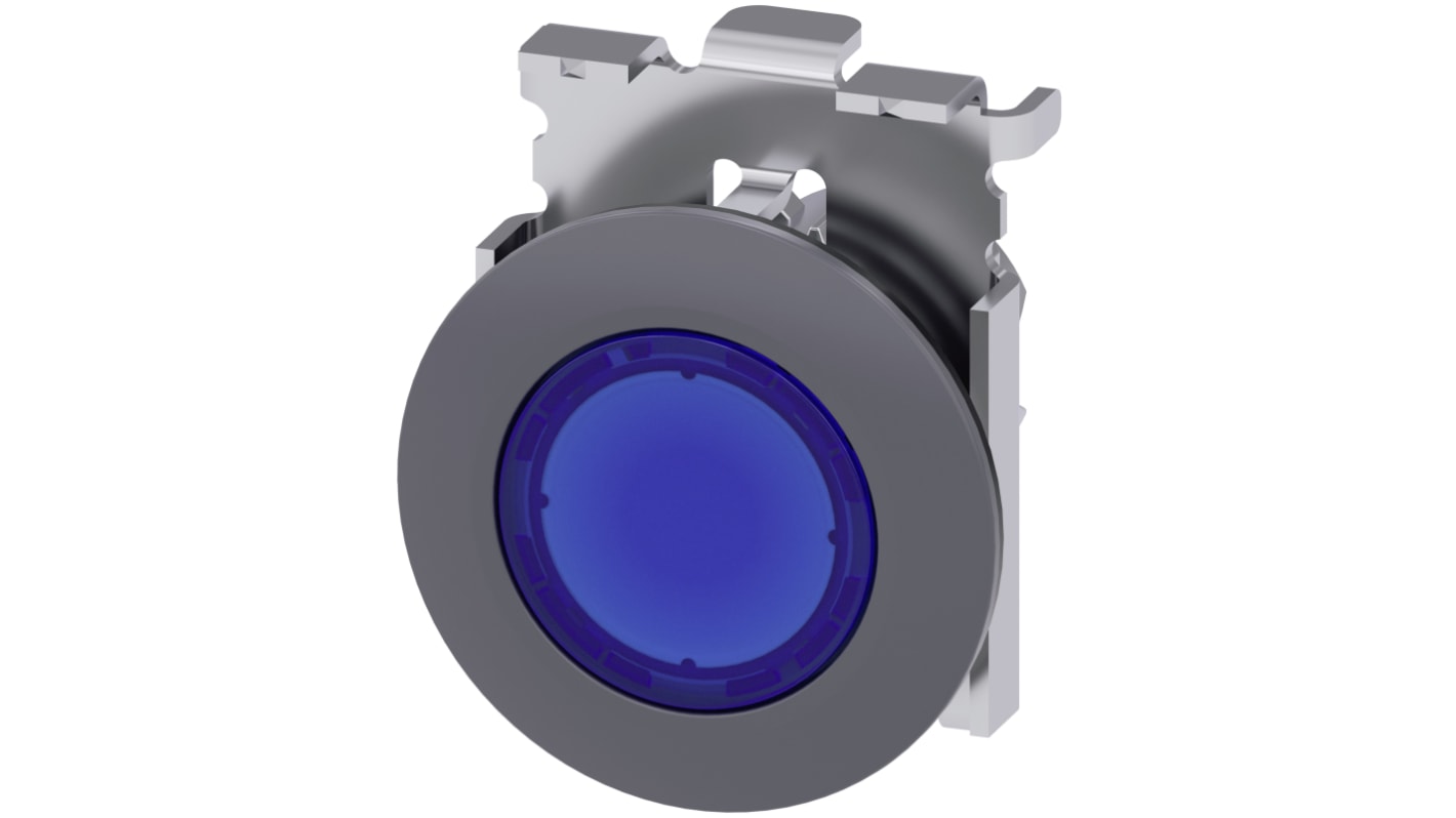 Attuatore pulsante Siemens SIRIUS ACT, rotondo, diametro 38mm, blu, IP66/IP67/IP69K, per installazione rapida in ambienti industriali.