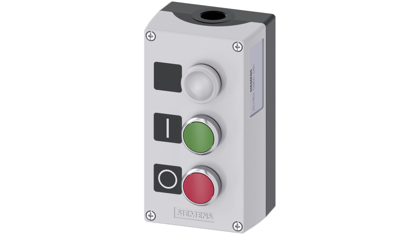 Interruttore stazione di controllo Siemens, 10A, IP66/IP67/IP69, pulsante metallico verde/rosso, contenitore grigio, diametro foro 22mm.