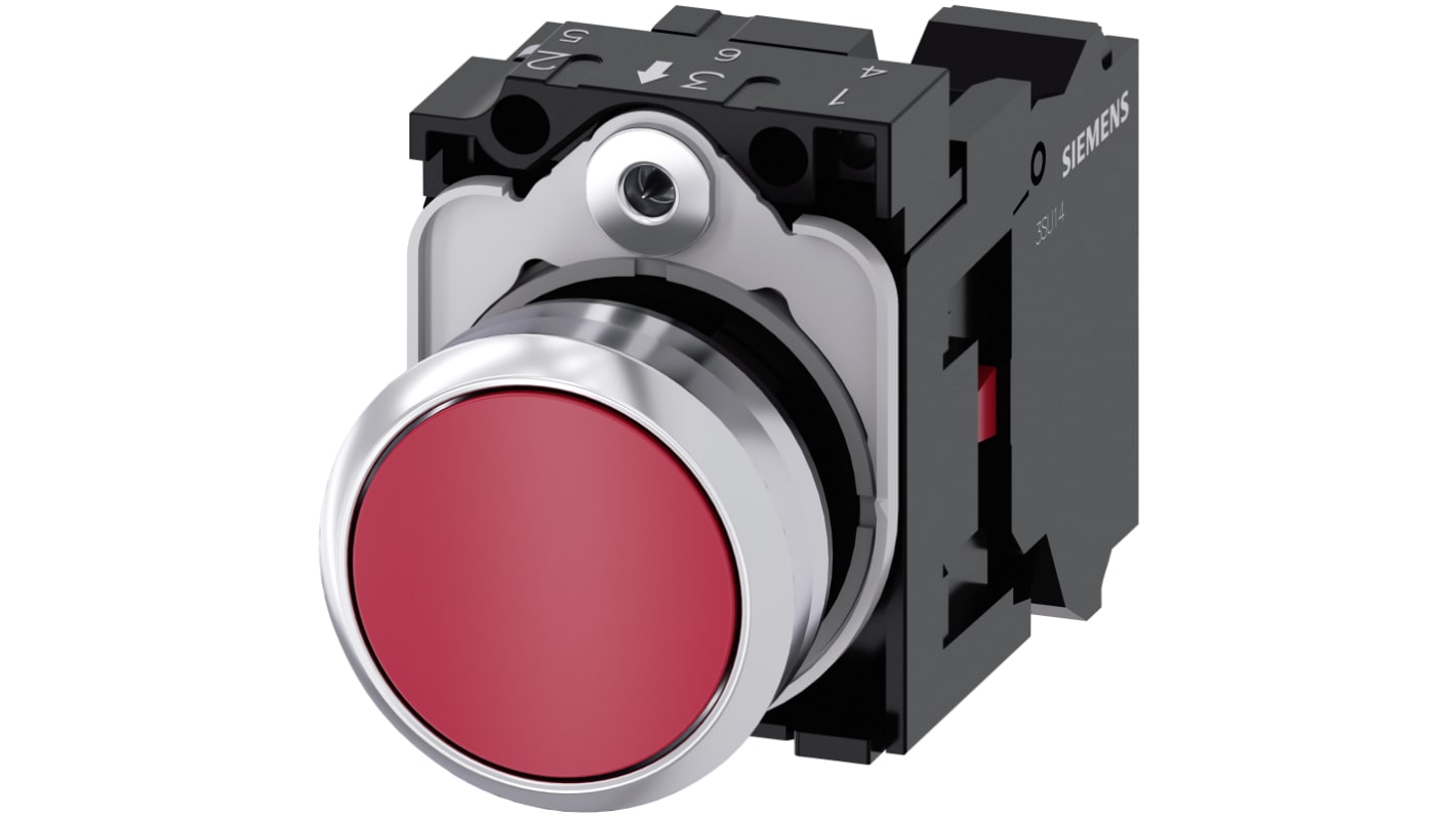 Pulsante rotondo Siemens SIRIUS ACT, SPST, rosso, diametro 22mm, IP66/IP67/IP69, tensione max 500V, -25 a +70°C.