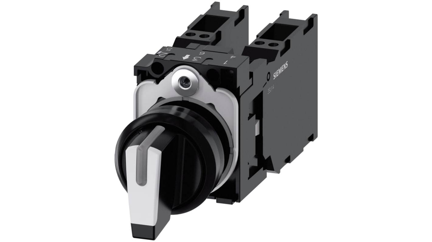 Selettore a 3 posizioni Siemens 3SU1100-2BL60-3LA0, IP66/IP67/IP69K, corrente 10A, installazione snap-on, adatto per ambienti industriali.