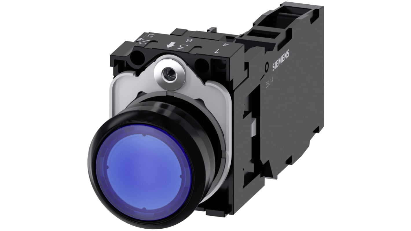 Pulsante luminoso Siemens SIRIUS ACT, SPST, blu, diametro 22mm, IP66/IP67/IP69, terminale a vite, -25 a +70°C.