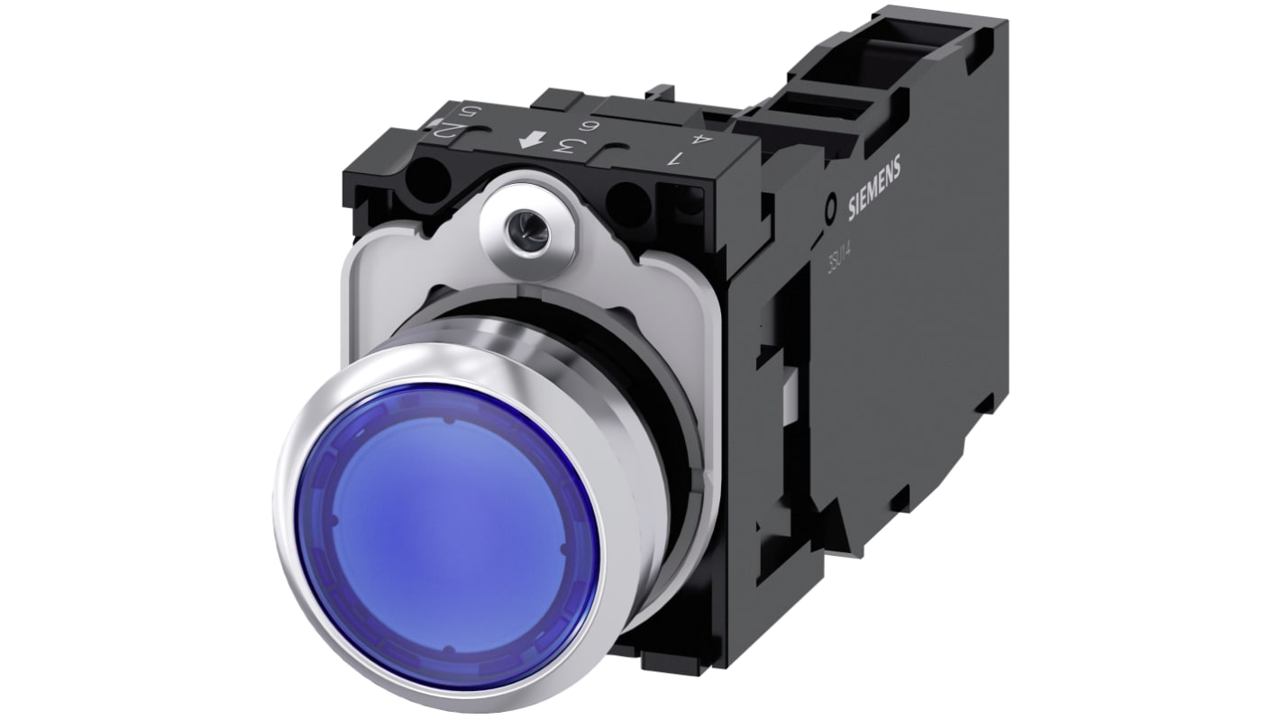 Pulsante luminoso Siemens SIRIUS ACT, rotondo, blu, SPST, IP66/IP67/IP69, diametro foratura 22mm, tensione max 500V.