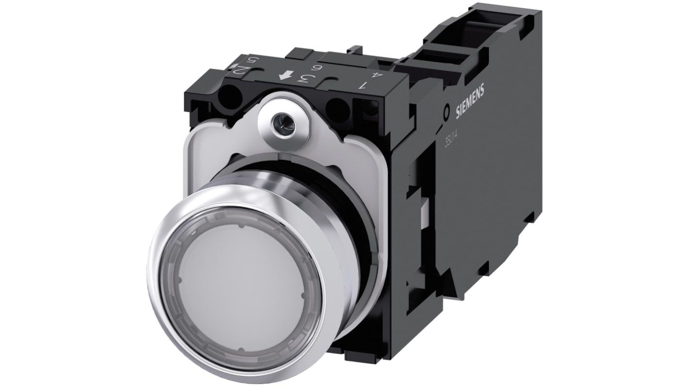 Pulsante luminoso Siemens SIRIUS ACT, rotondo, trasparente, SPST, IP66/IP67/IP69, diametro foro 22mm, corpo metallico.