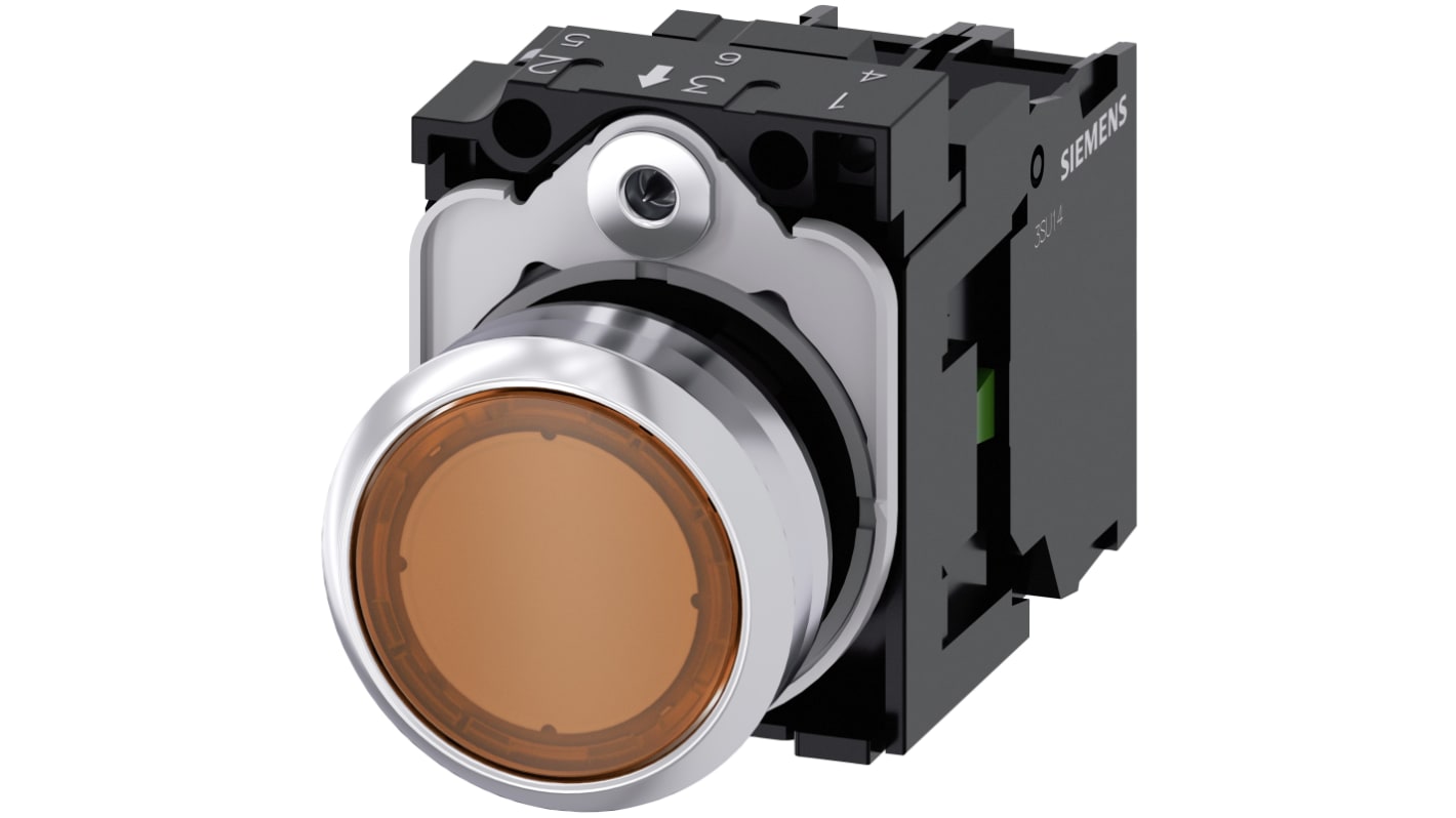 Pulsante luminoso Siemens SIRIUS ACT, rotondo, ambra, SPST, IP66/IP67/IP69, diametro foratura 22mm, corpo metallico.