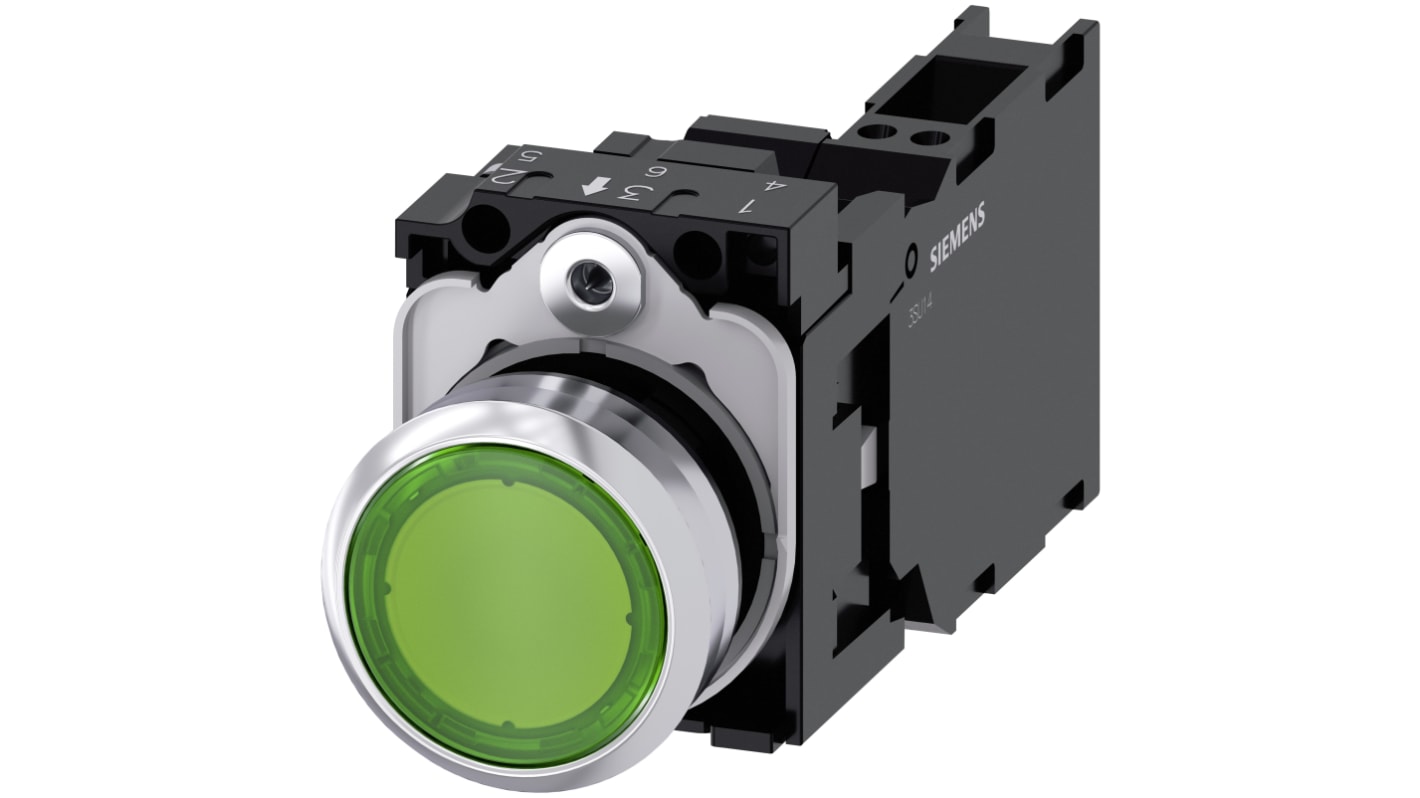 Pulsante luminoso Siemens SIRIUS ACT, rotondo verde, SPST, IP66/IP67/IP69, diametro 22mm, corpo metallico, -25 a +70°C.