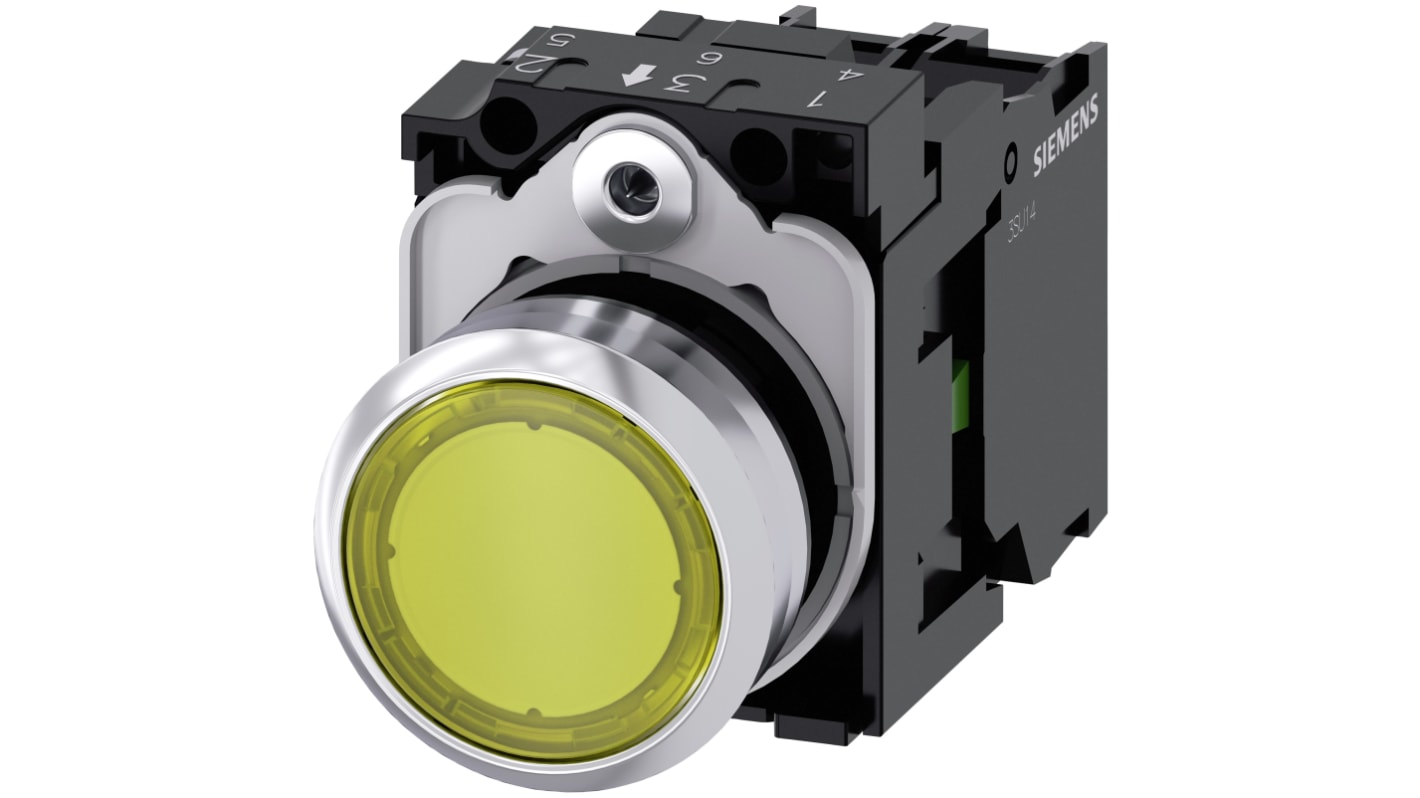 Pulsante luminoso Siemens SIRIUS ACT, rotondo, giallo, SPST, IP66/IP67/IP69, diametro foro 22mm, corpo metallico.