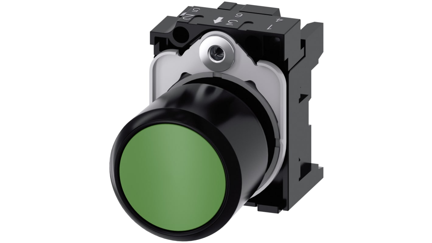 Siemens attuatore pulsante instabile SIRIUS ACT, diametro 22mm, verde, IP66/IP67/IP69K, montaggio snap-on, adatto per ambienti industriali.