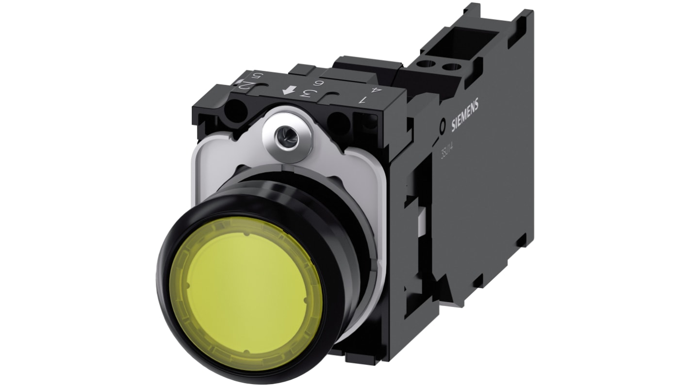 Pulsante luminoso Siemens SIRIUS ACT, rotondo, giallo, SPST, IP66/IP67/IP69, diametro foro 22mm, temperatura -25/+70°C.