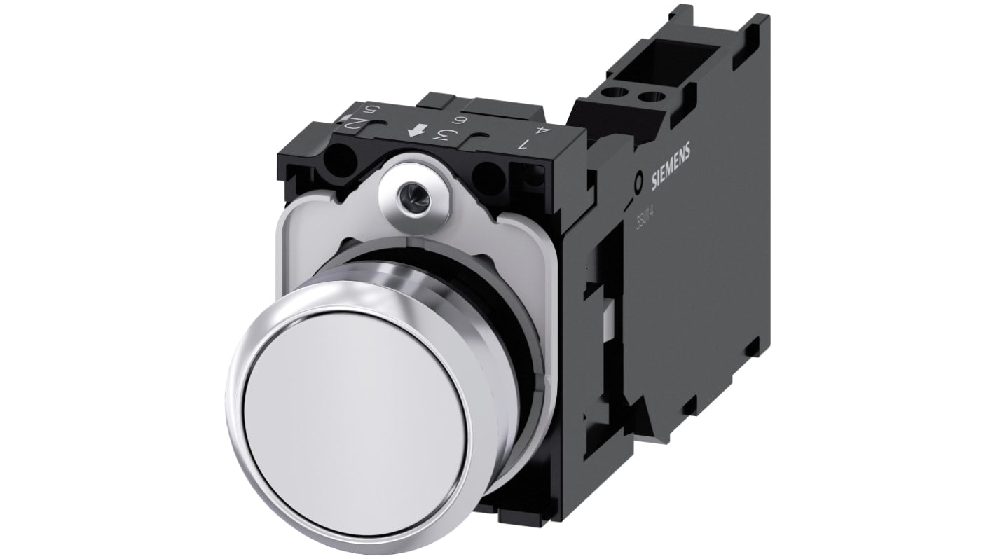 Pulsante rotondo Siemens SIRIUS ACT SPST, diametro 29.45mm, IP66/IP67/IP69K, corpo metallico, colore bianco.