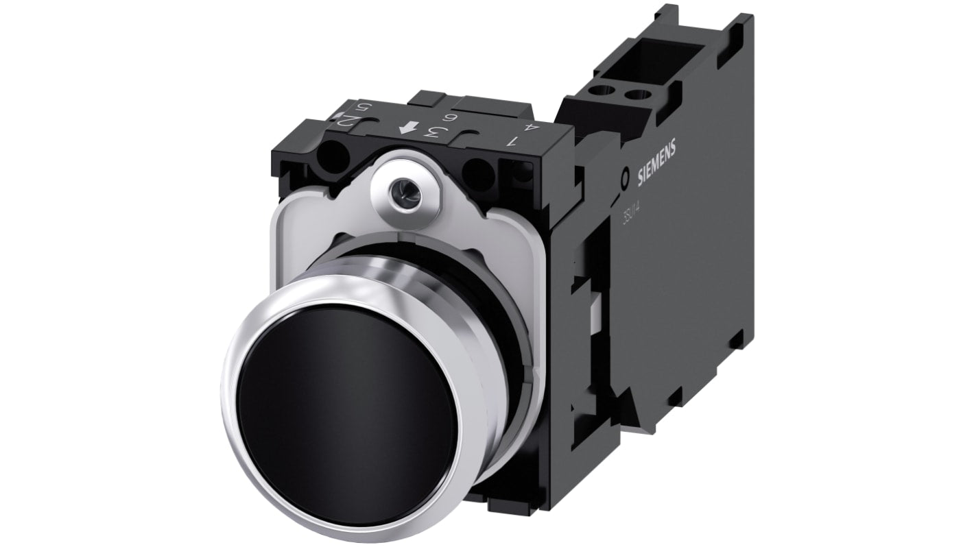 Pulsante rotondo Siemens SIRIUS ACT, SPST, diametro 22mm, corpo metallico, IP66/IP67/IP69, per tensioni fino a 500V.