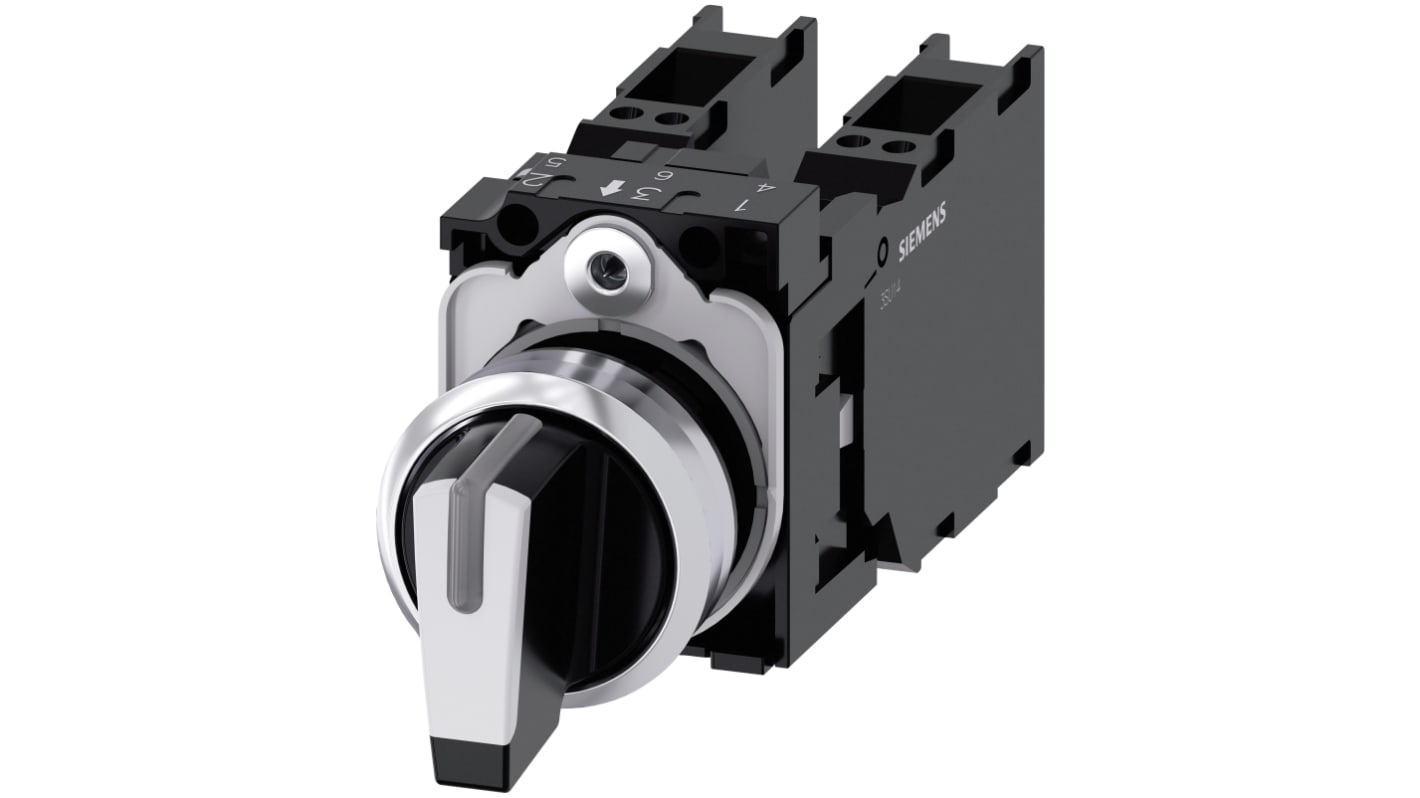 Selettore a 3 posizioni Siemens 3SU1150-2BM60-3LA0, IP66/IP67/IP69K, 10A, 500V, attivazione momentanea, montaggio snap-on.