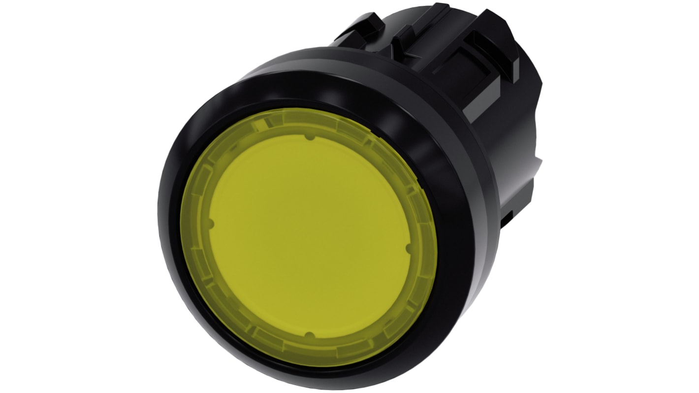 Spia luminosa Siemens SIRIUS ACT gialla, diametro foro 22 mm, protezione IP66/IP67/IP69K, installazione snap-on per ambienti industriali.