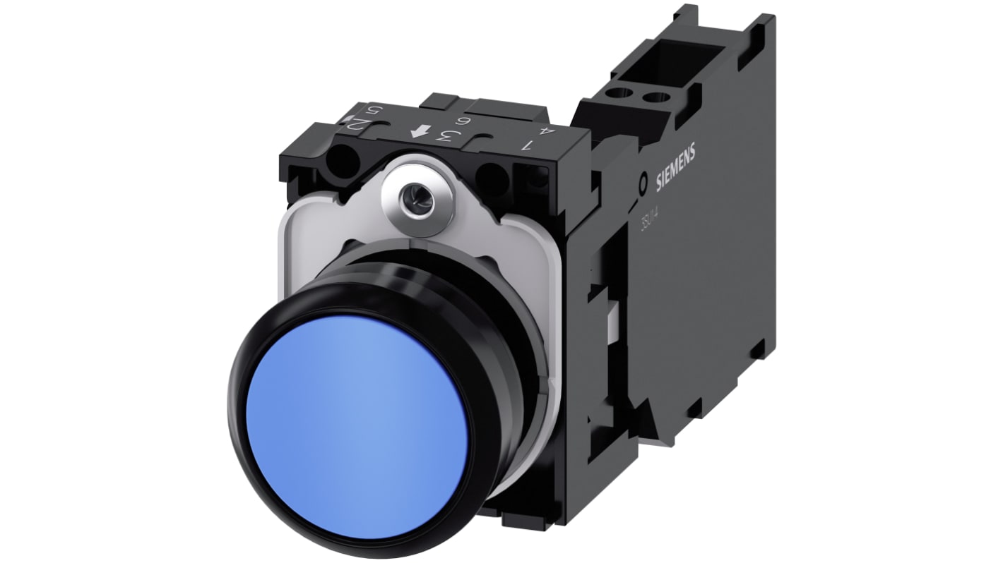 Pulsante rotondo Siemens SIRIUS ACT, SPST, IP66/IP67/IP69, diametro 22mm, colore blu, corpo in plastica, codice 3SU1100-0AB50-3FA0.