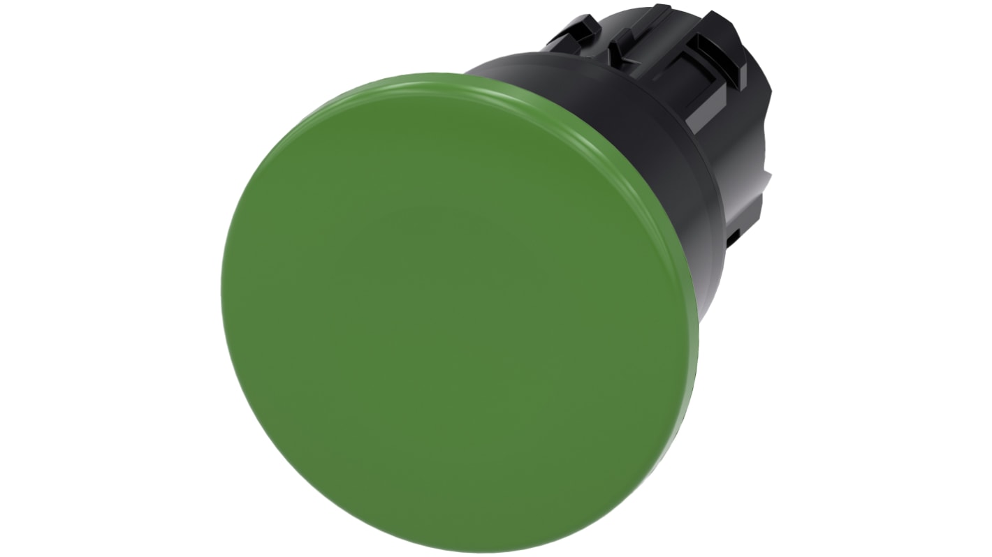 Attuatore pulsante Siemens SIRIUS ACT, rotondo verde, diametro 40mm, protezione IP66/IP67/IP69K, installazione rapida per ambienti industriali.
