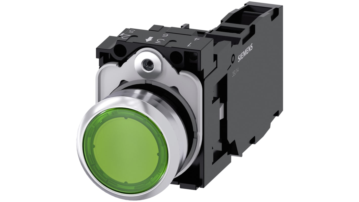 Pulsante luminoso Siemens SPST verde, diametro 22mm, IP66/IP67/IP69, corpo metallico, temperatura operativa -25 a 70°C.