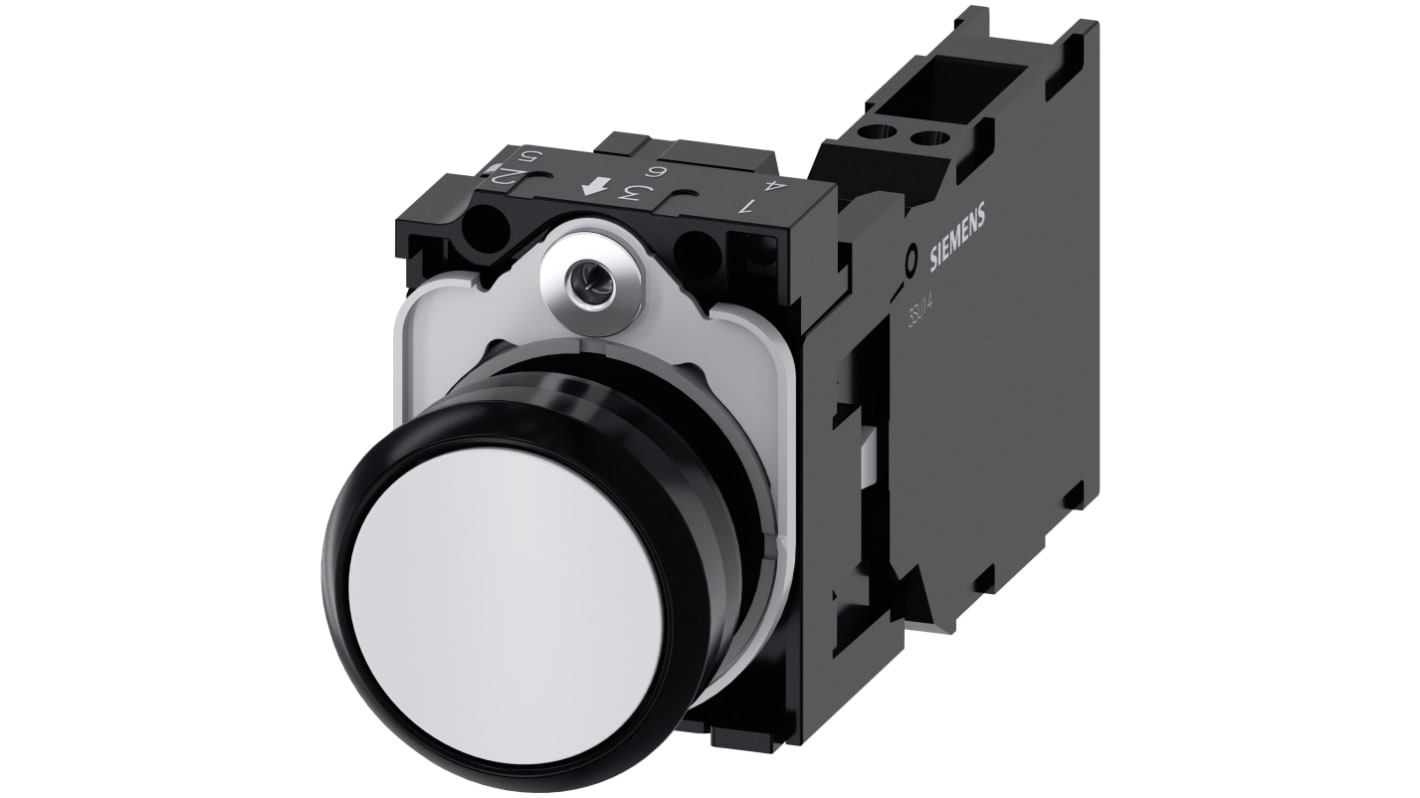 Pulsante rotondo Siemens SIRIUS ACT, SPST, IP66/IP67/IP69, diametro 22mm, colore bianco, corpo in plastica, operatività -25 a 70°C.