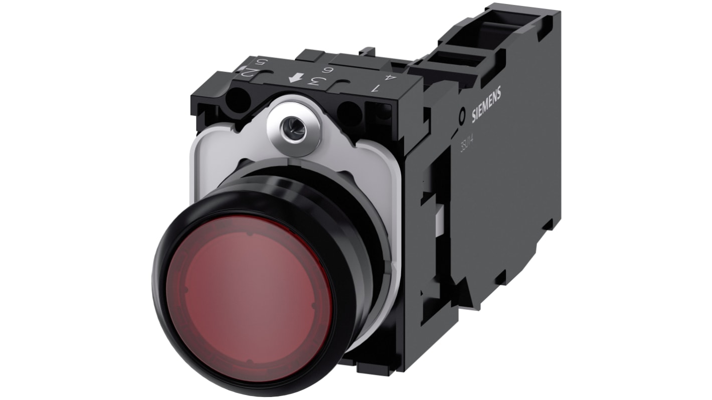 Pulsante luminoso rotondo Siemens 3SU1103-0AB20-1FA0, SPST, rosso, IP66/IP67/IP69, diametro foratura 22mm, plastica, max 500V.