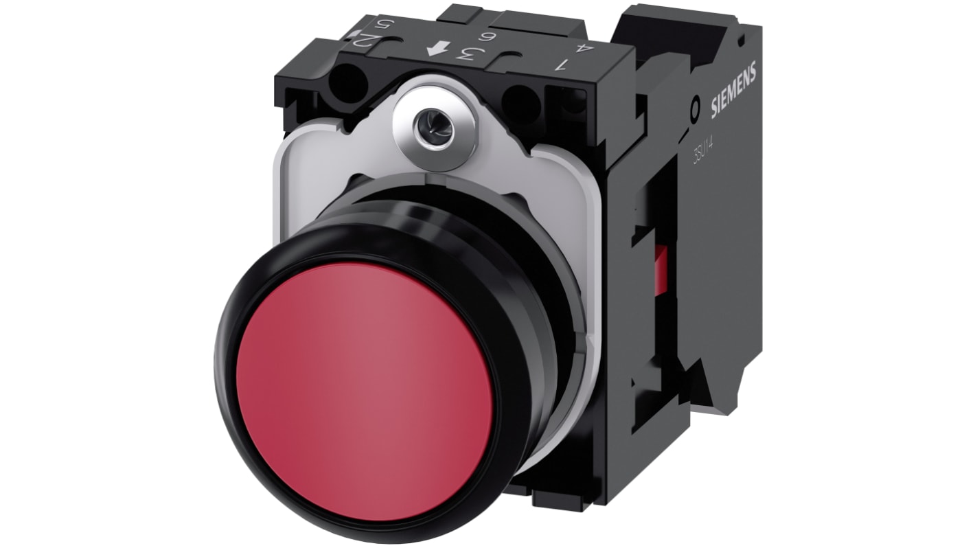 Pulsante rotondo Siemens SIRIUS ACT SPST, colore rosso, diametro foratura 22mm, IP66/IP67/IP69, tensione max 500V.