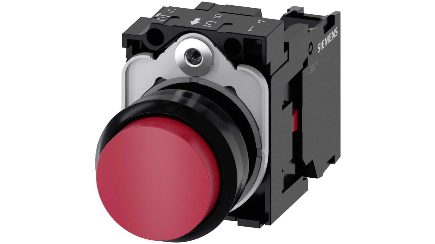Pulsante rotondo Siemens SIRIUS ACT, SPST, rosso, IP66/IP67/IP69, diametro 22mm, per applicazioni industriali.