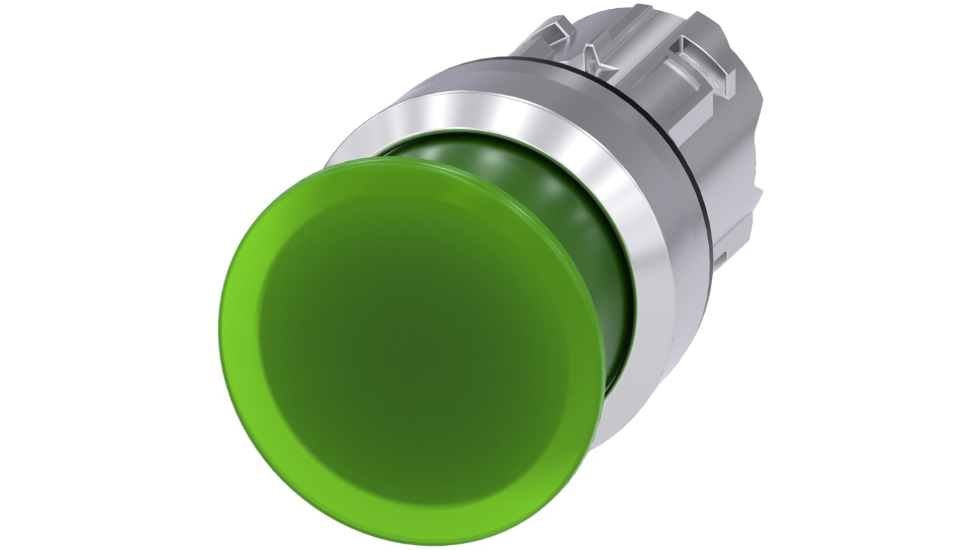 Attuatore pulsante Siemens SIRIUS ACT, tipo instabile, verde, diametro 30mm, protezione IP66/IP67/IP69K, montaggio snap-on.