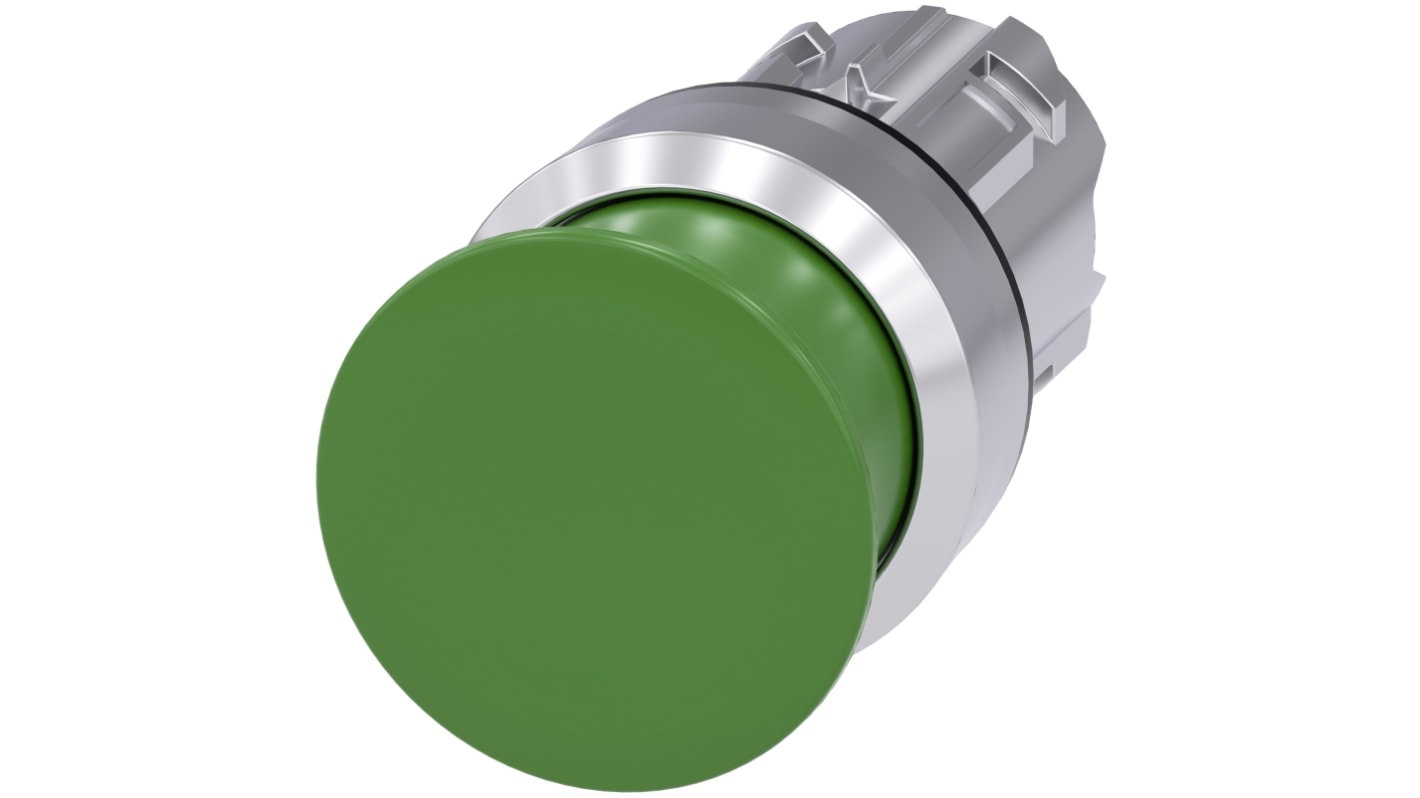 Siemens attuatore pulsante instabile SIRIUS ACT, diametro 30mm, verde, IP66/IP67/IP69K, montaggio snap-on, per ambienti industriali.