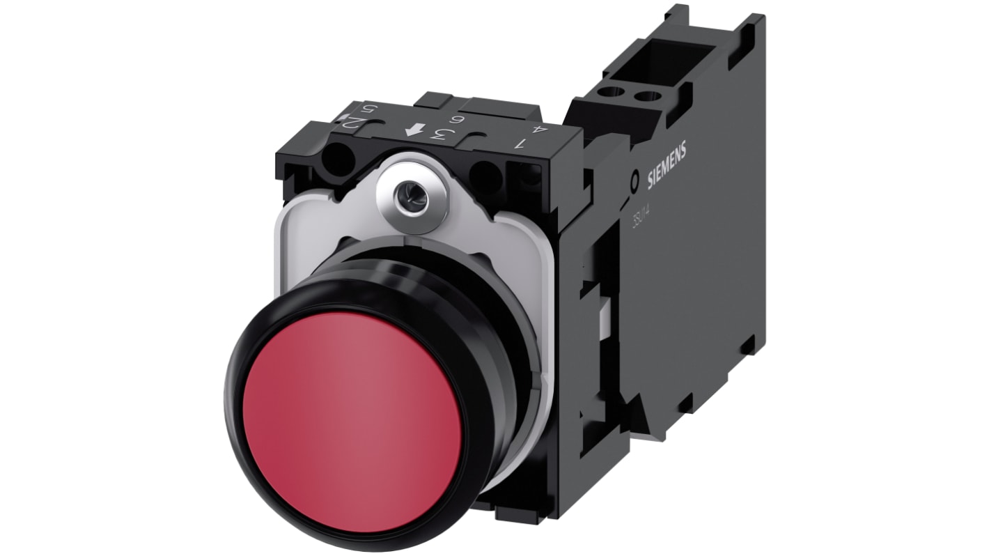 Pulsante rotondo Siemens SIRIUS ACT SPST, diametro 22mm, rosso, IP66/IP67/IP69, per applicazioni industriali.