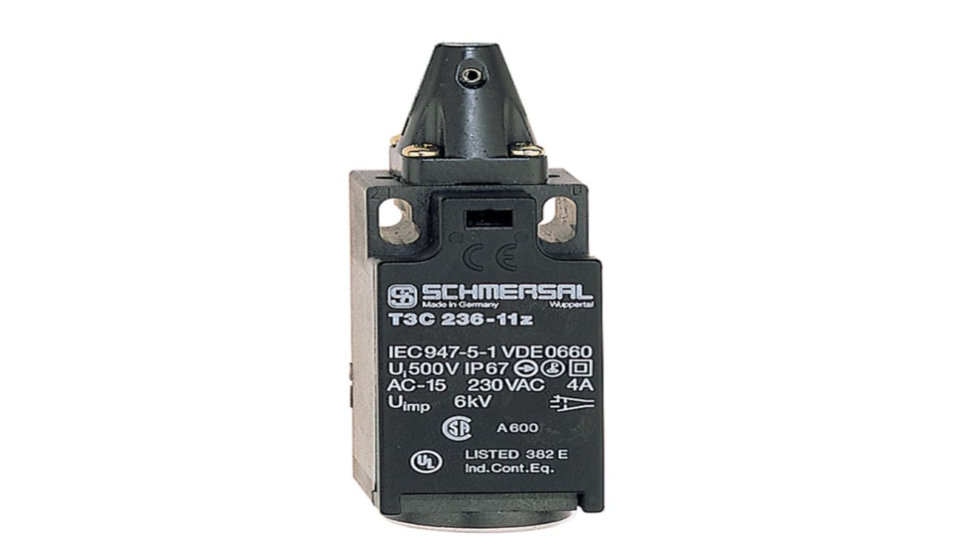 Interruttore di sicurezza a cerniera Schmersal T3C 236-11Z, configurazione NO/NC, grado di protezione IP67, montaggio su porte a cerniera.