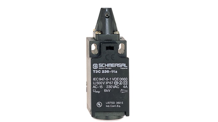 Interruttore di sicurezza a cerniera Schmersal T5C 236-11Z, configurazione NO/NC, grado di protezione IP67, attuatore in acciaio.