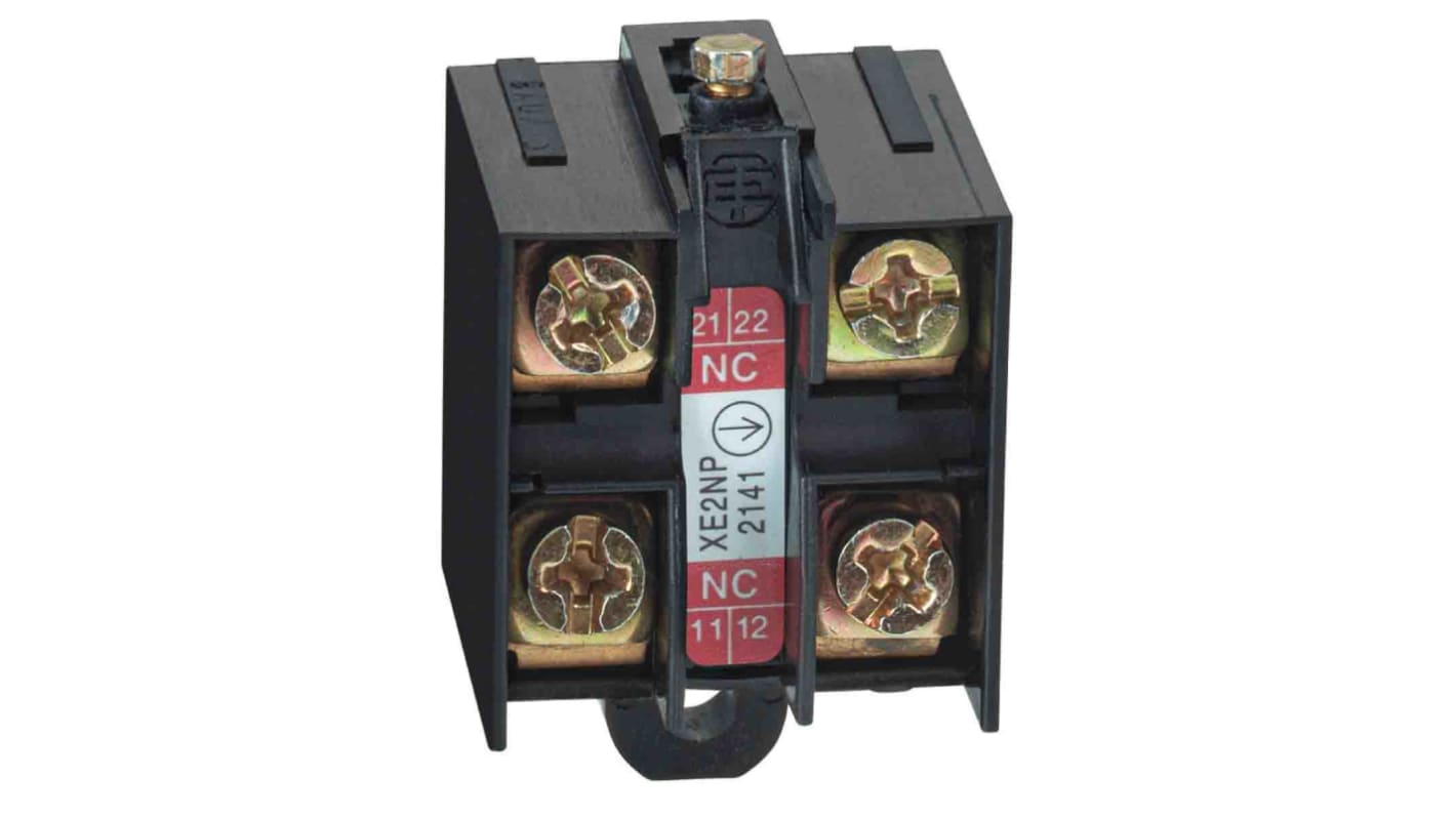 Blocco contatto finecorsa Telemecanique Sensors XE2N, 2 poli, 2NC, interruzione lenta, morsetto a vite. Prodotto per applicazioni industriali.