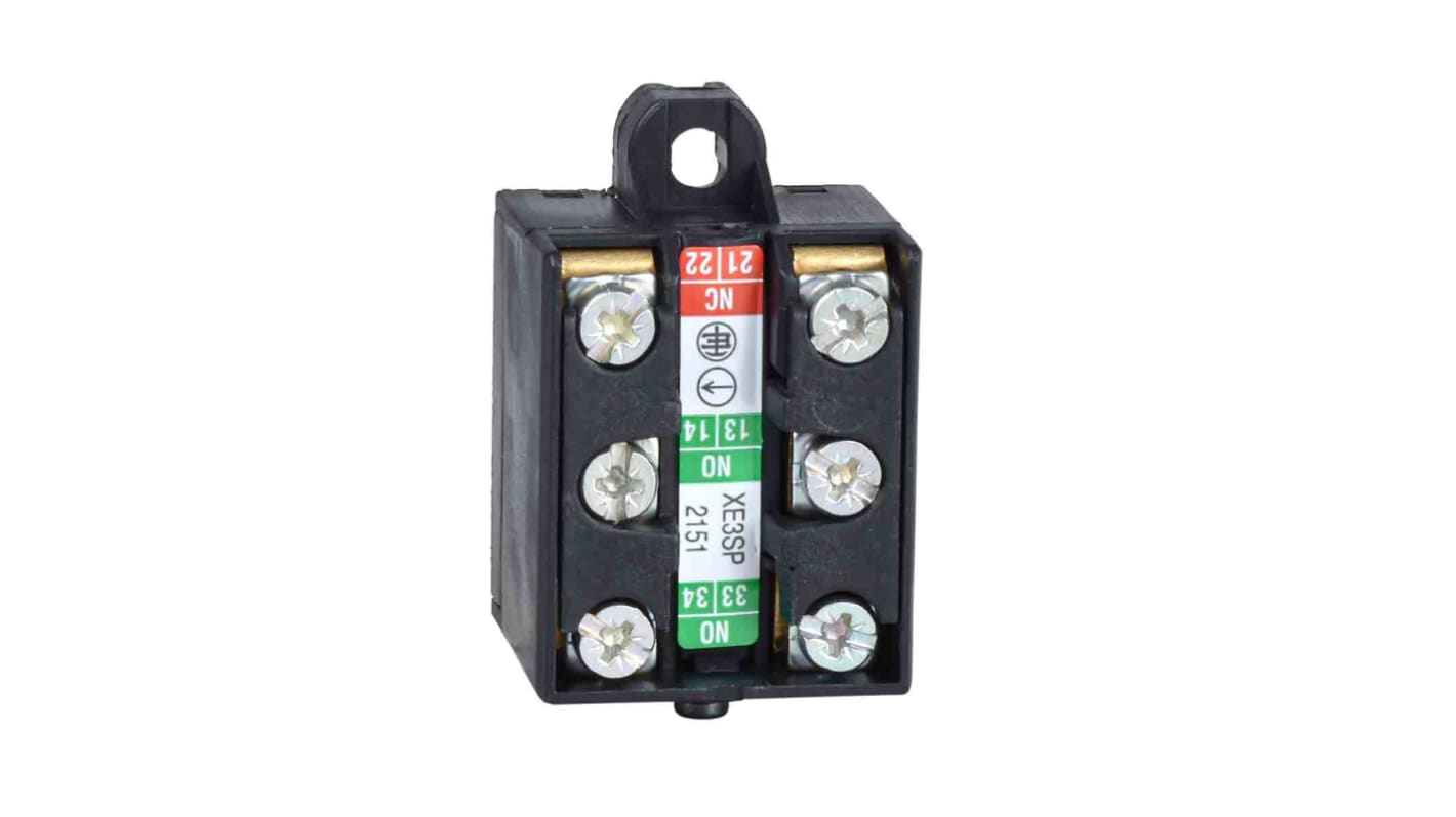 Blocco contatti Telemecanique Sensors XE3SP2151, interruttore fine corsa 1 NC e 2 NA, attivazione a scatto, morsetto a vite.