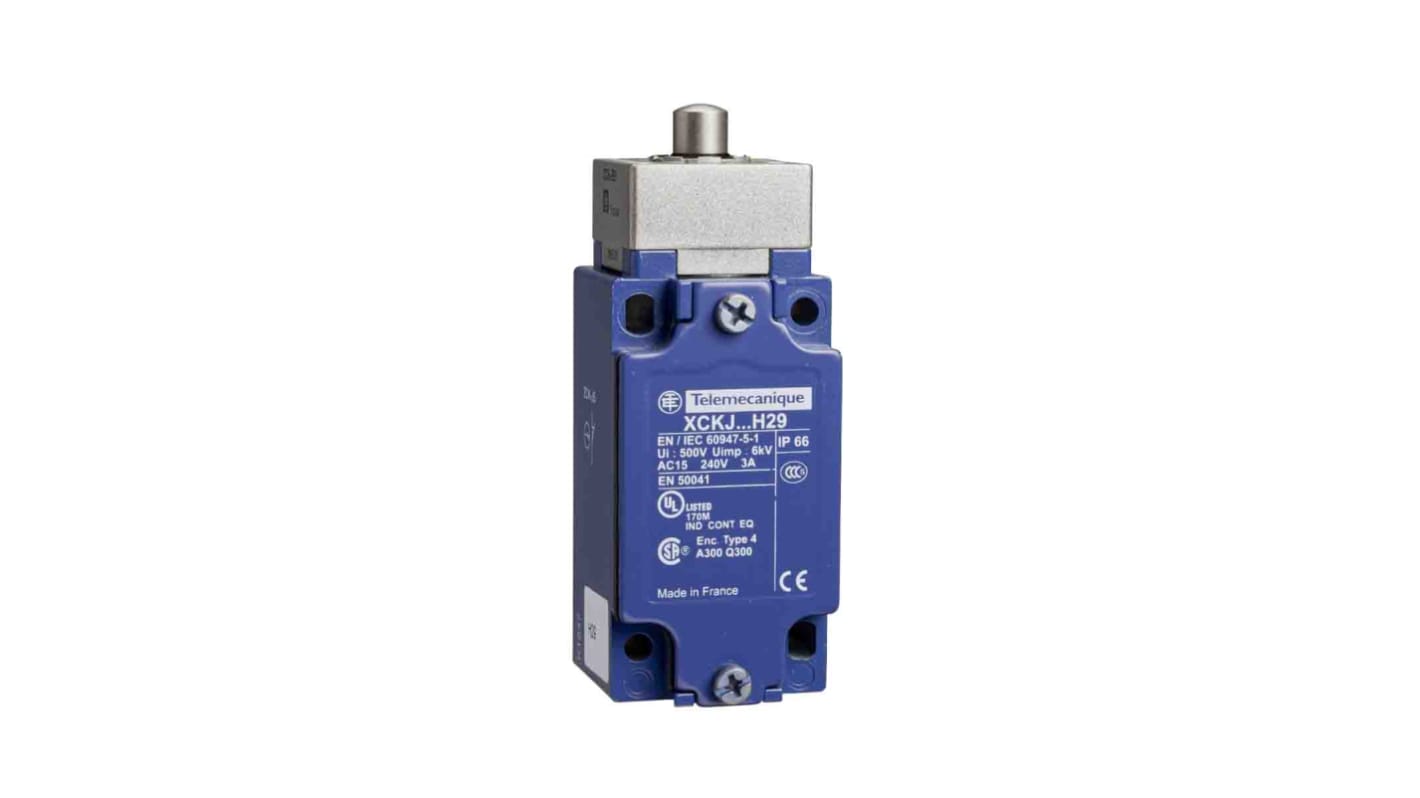 Interruttore di fine corsa Telemecanique Sensors XCKJ161H29 con stantuffo metallico, configurazione 1NC/1NA, grado di protezione IP66.