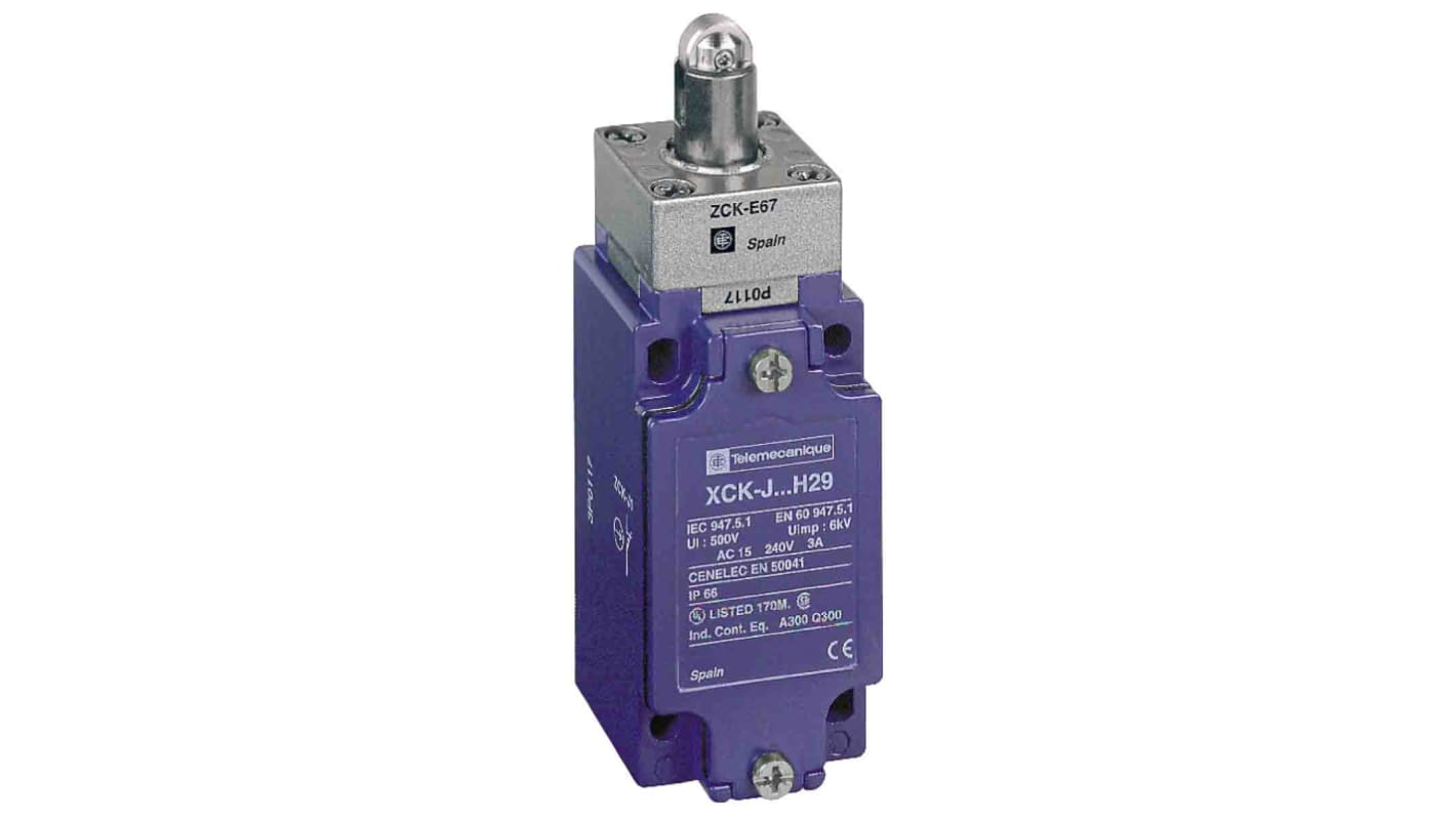 Interruttore di fine corsa a rotella Telemecanique Sensors XCKJ167, 1NC/1NA, protezione IP66, dimensioni 40mm x 44mm x 120mm.