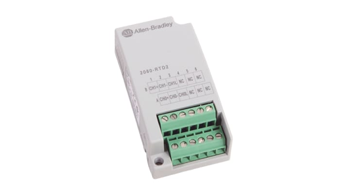 Modulo I/O Rockwell Automation 2080-RTD2 per serie Micro800, 2 canali, operante da -20 a 65 °C, design modulare per installazione semplice.