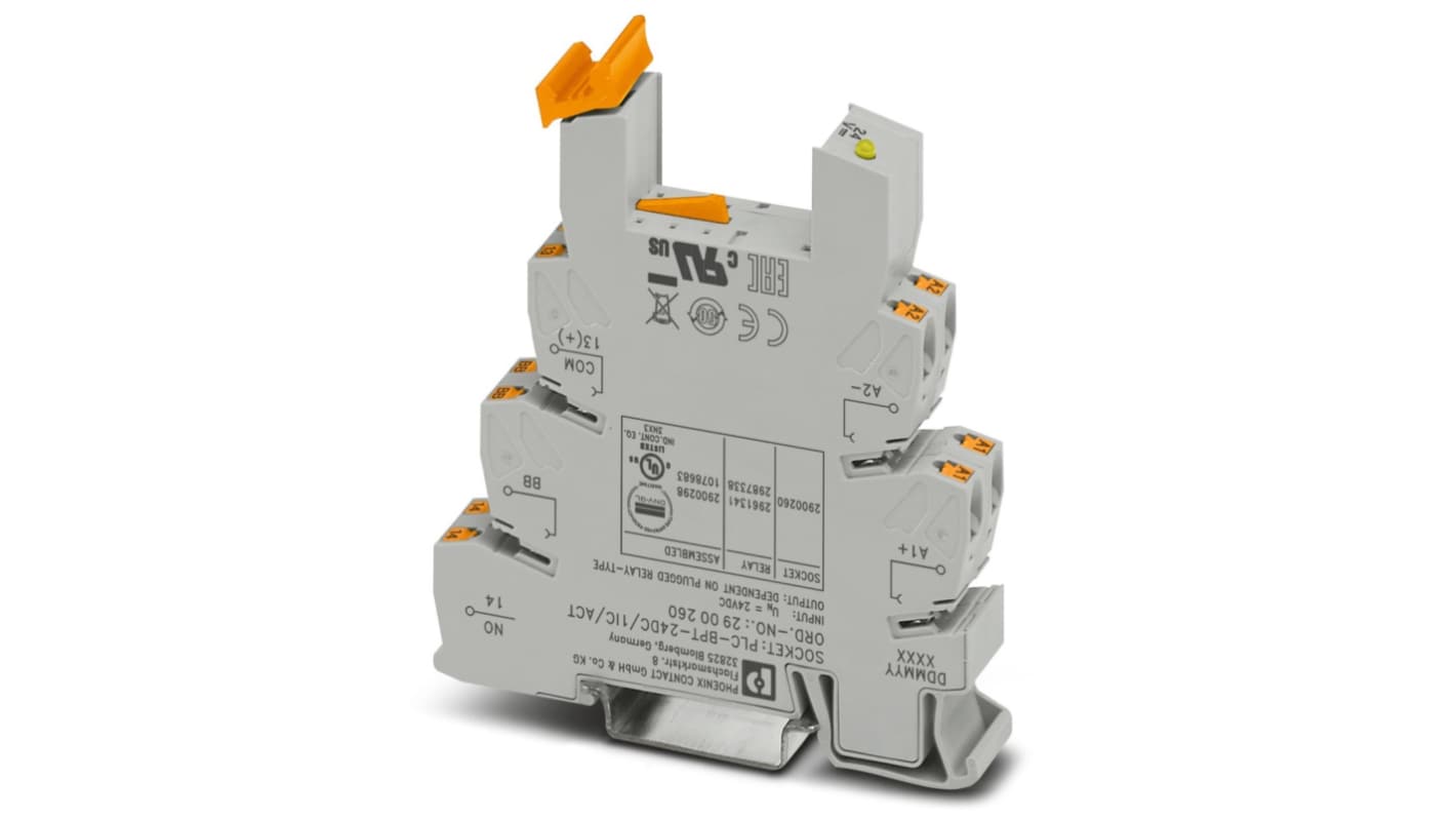 Zoccolo PLC-BPT-24DC 1IC ACT di Phoenix Contact, terminale base per guida DIN, 14 mm, 24 V c.c., 1 contatto N/a.