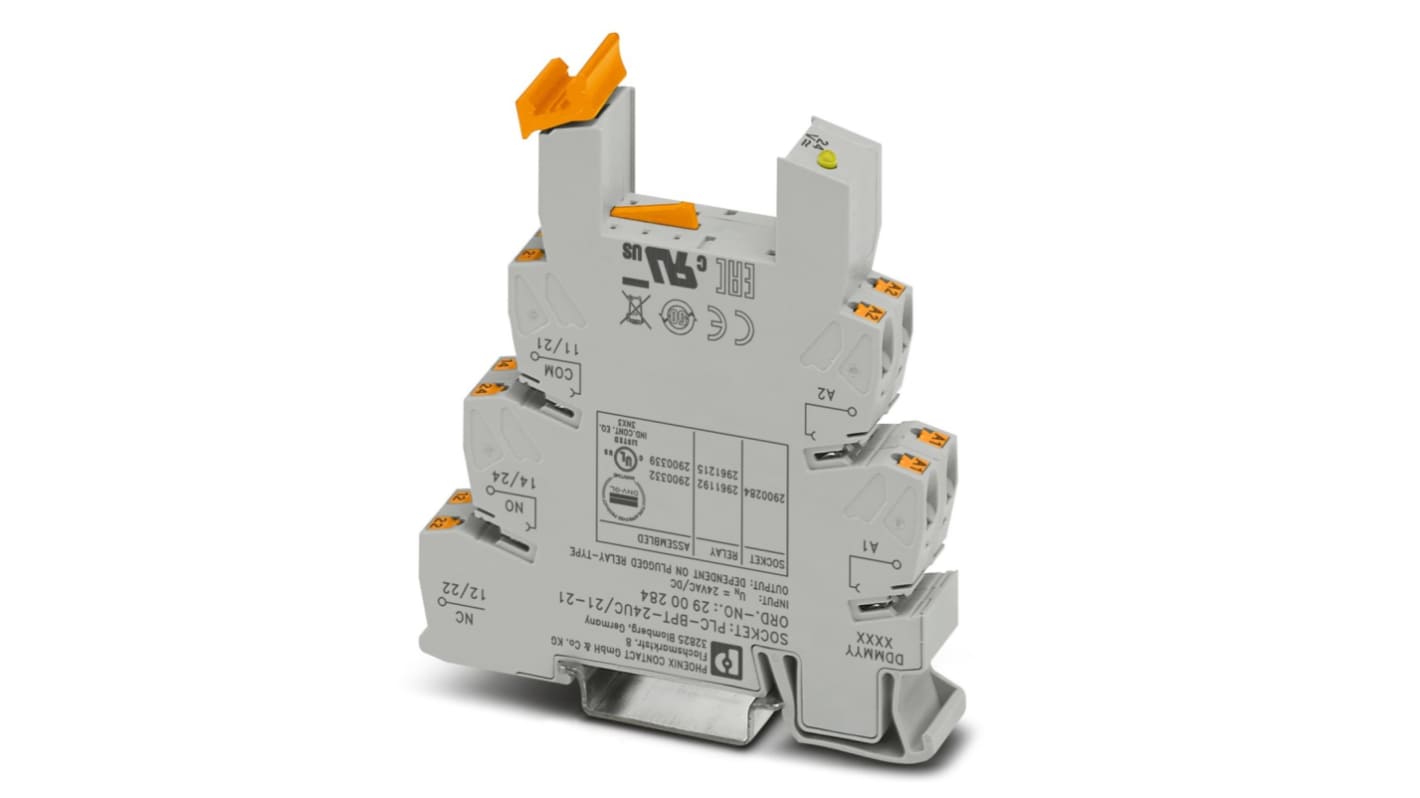 Zoccolo PLC-BPT24UC di Phoenix Contact, terminale morsettiera 2PDT, montaggio su guida DIN, 24 V c.a./c.c., dimensioni 14 mm.