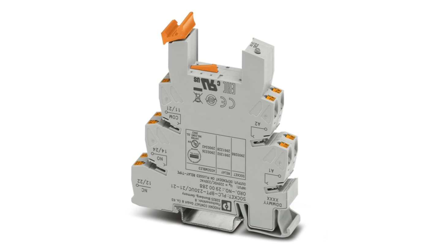 Zoccolo PLC-BPT-230UC di Phoenix Contact, terminale morsettiera per guida DIN, 230 V, 2PDTs, dimensioni 14 mm.