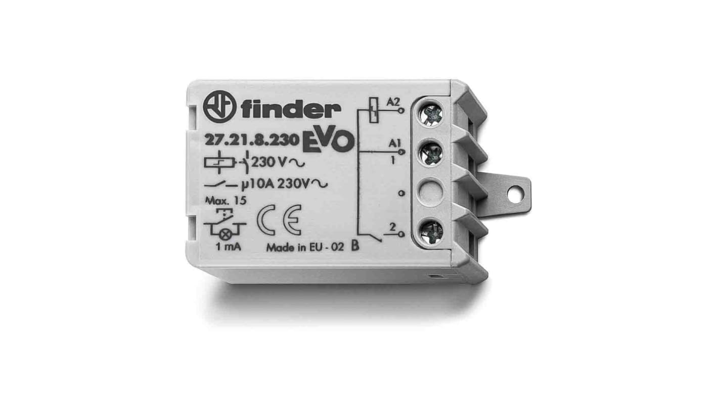 Relè di potenza Finder 27, montaggio a pannello, 1 contatto, 10A, bobina 230V, dimensioni 32x47x21.5mm.