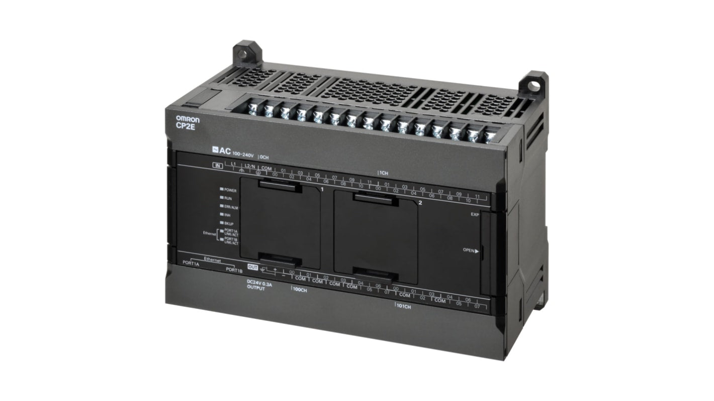 Omron CP2E-N40DR-A, CPU PLC compatto con 24 ingressi digitali, montaggio a pannello, dimensioni 150 x 80 x 110 mm.
