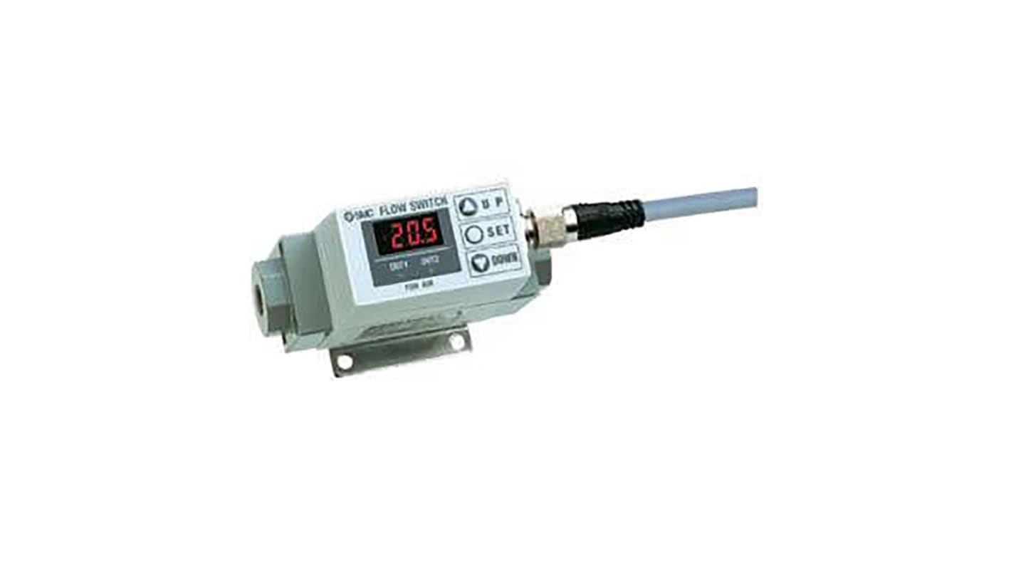 Interruttore di flusso SMC PF2A721-F03-27N, digitale, per flussi da 20 a 200 l/min, connessione G3/8 femmina.