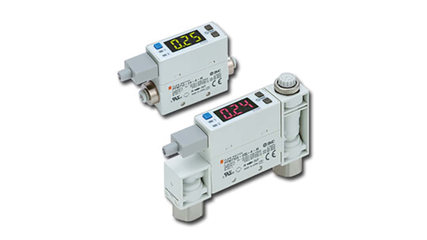 Interruttore di flusso SMC PFM711S-C6-B, portata 2-100 l/min, alimentazione 24 V c.c., raccordo rapido, pressione max 750 kPa.