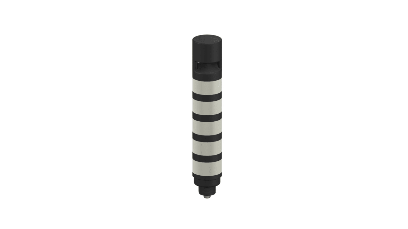 Torretta di segnalazione LED Banner TL50P5AOSQ, 5 elementi luminosi, 10-30 V c.c., programmabile, disponibile in contenitore nero o grigio chiaro.