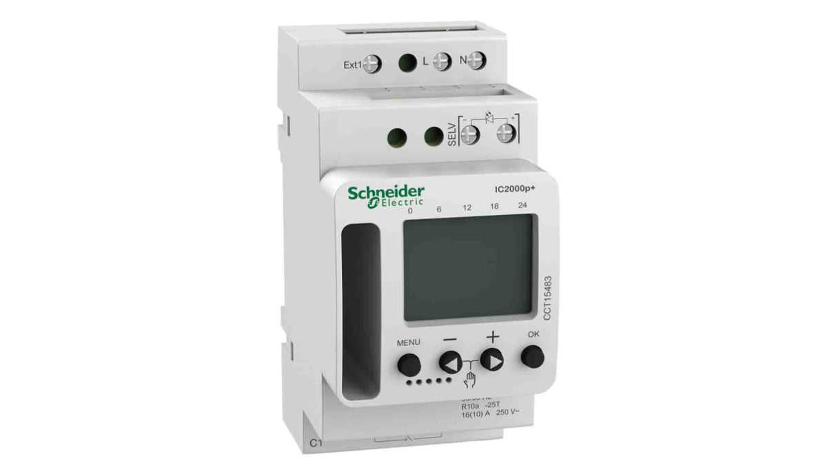 Interruttore crepuscolare Schneider Electric Acti 9 IC, 230 V c.a., 1 canale. Montaggio su guida DIN, sensore interno. CCT15285.